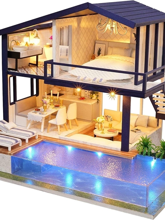 CUTEROOM Other - Modern Blue & White Dollhouse with Lighted Pool